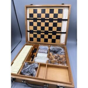 Pottery Barn Wooden Game Box Set Chess Checkers Dominoes Cards Complete